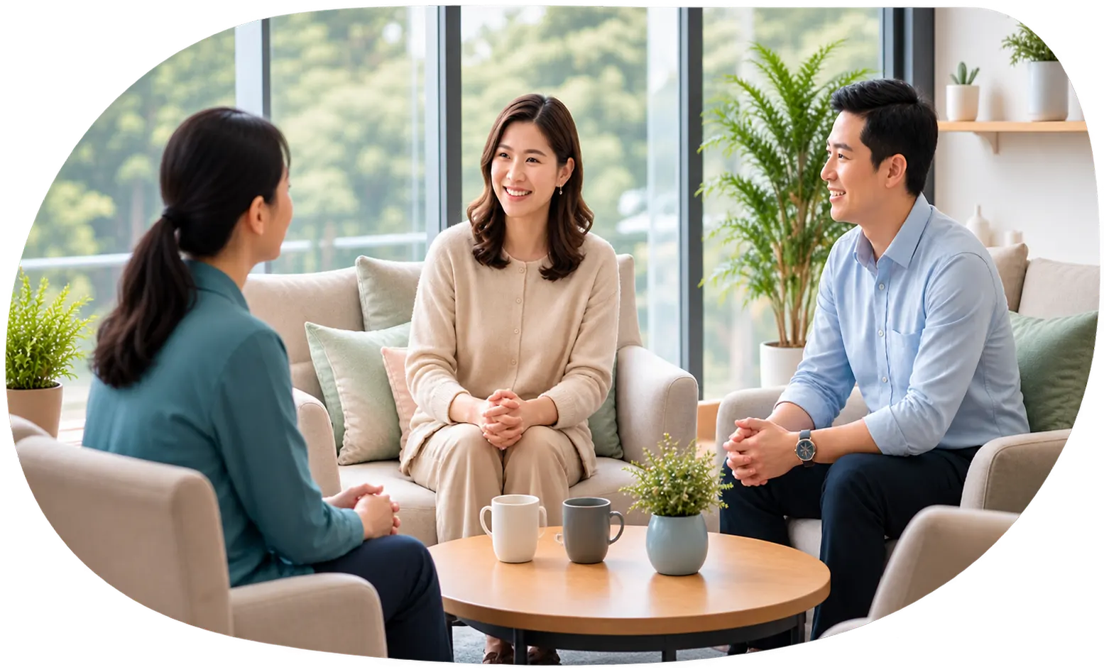 People in a meaningful wellbeing and growth conversation